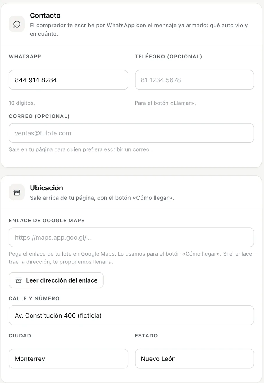 Configuración › Mi página: contacto por WhatsApp, teléfono y correo, y la ubicación con el enlace de Google Maps