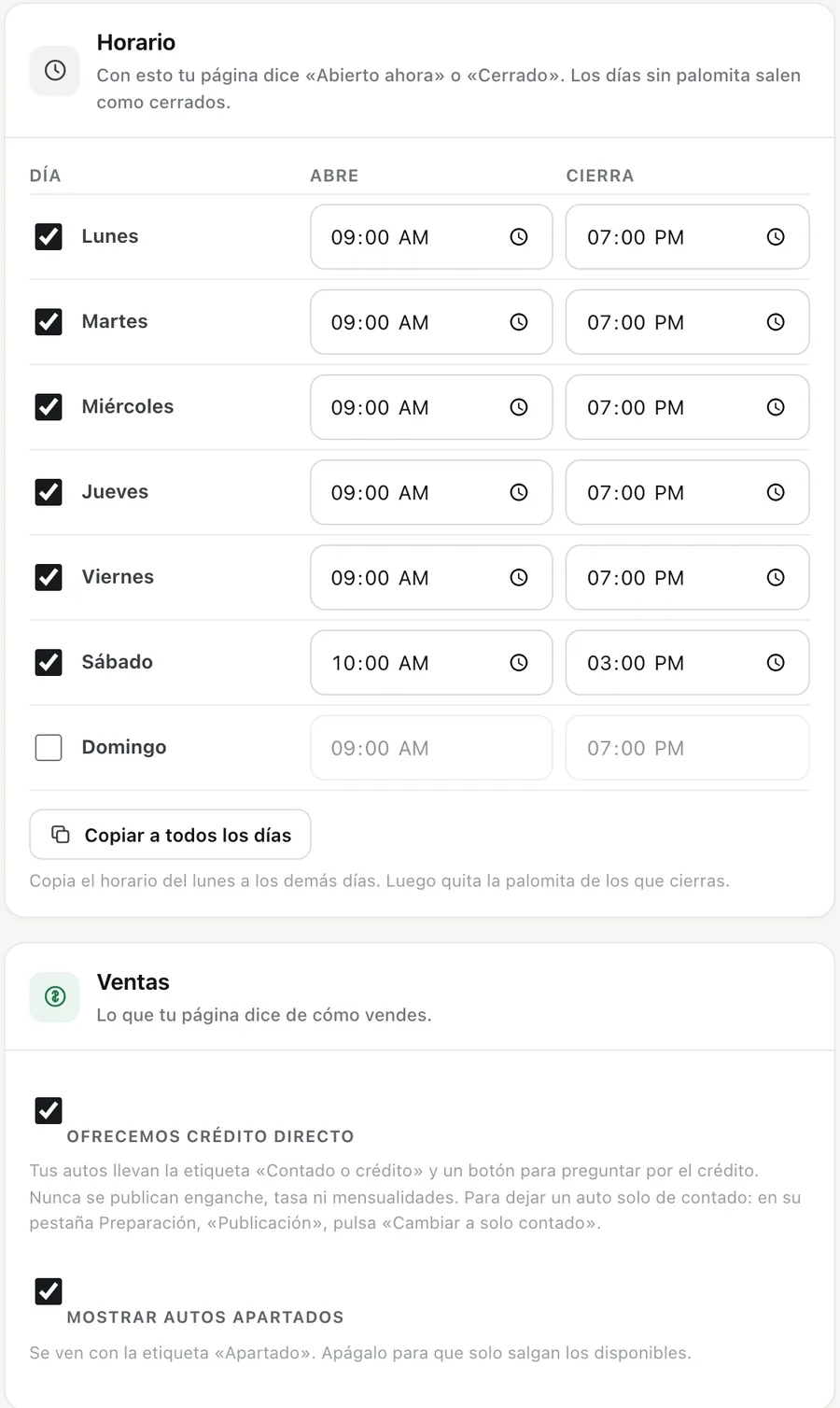 Configuración › Mi página: horario por día con «Copiar a todos los días», y las opciones «Ofrecemos crédito directo» y «Mostrar autos apartados»